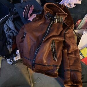 Men's Brown Leather Bomber Jacket with Fur Trim